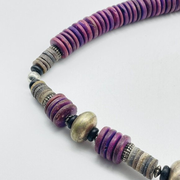 Purple Disc Necklace Silver Tone Beads Ethnic Native Tribal Southwest Classic - Picture 5 of 8